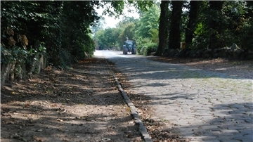Ein Traktor fährt über eine Dorfstraße.