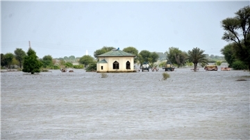 Ein überschwemmtes Gebiet in der südpakistanischen Provinz Sindh.