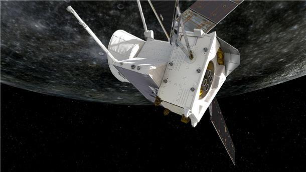 Eine Illustration des Vorbeiflugs von „BepiColombo“ am Merkur.