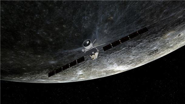 Eine künstlerische Darstellung des Vorbeiflugs von „BepiColombo“ am Merkur.