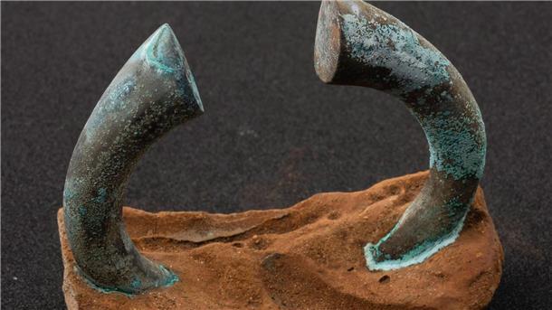 Eine Manille, die an einen Teil eines Topfes eines flämischen Händlers betoniert ist, der von der Sociedad de Ciencias Aranzadi vor Getaria, Baskenland, Nordspanien, ausgegraben wurde.