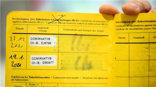 Eine Person hält einen gelben Impfpass mit den Aufklebern vom Biontech Pfizer-Impfstoff.