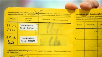 Eine Person hält einen gelben Impfpass mit den Aufklebern vom Biontech Pfizer-Impfstoff.