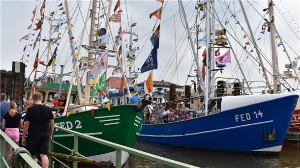 Das Foto zeigt mit Wimpelketten geschmückte Kutter im Hafen von Fedderwardersiel. Dort findet auch in diesem Jahr die Kutterregatta statt.
