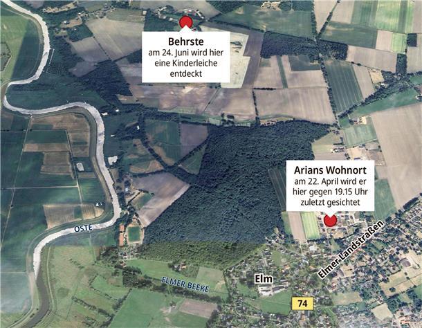 Polizei Rotenburg bestätigt traurigen Verdacht: Bei der Kinderleiche handelt es sich um Arian Eine Übersicht über das Suchgebiet rund um den ort Elm und den Fundort der Kinderleiche. Karte: © 2024 Google, Airbus, Bilder © 2024 Airbus, GeoContent,Maxar Technologies, Grafik: NZ