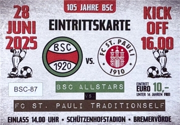 Eintrittskarten für das Spiel der „BSC-Allstars“ gegen die Traditionself des FC St. Pauli am 28. Juni sind ab sofort für zehn Euro bei der Volksbank-Geschäftsstelle in Bremervörde erhältlich.