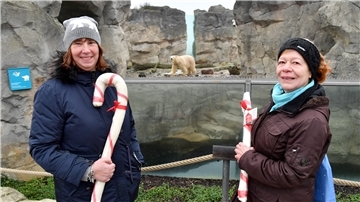 Eisbärin Valeska wird von Birgit Born aus Wilhelmshaven (li.) und Ilse Baudy im Zoo am Meer besucht.