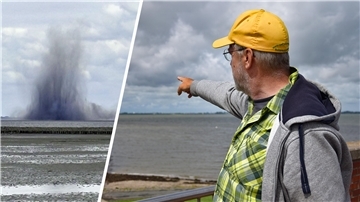 Das Bild zeigt eine Collage und besteht aus der Aufnahme der Sprengung des Blindgängers vor Butjadingen und dem Wattführer Thomas Büsing, der in die Richtung zeigt. 