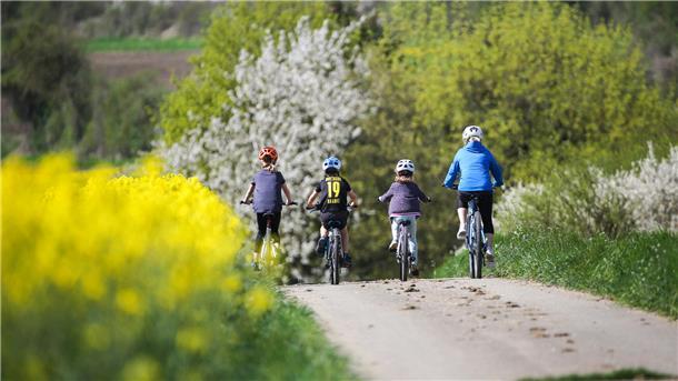 Eine Familie radelt in blühender Landschaft. 