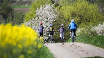 Eine Familie radelt in blühender Landschaft. 