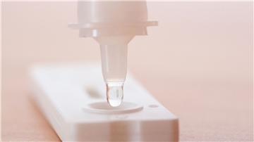 Flüssigkeit wird auf einen Antigen-Schnelltest gegeben.