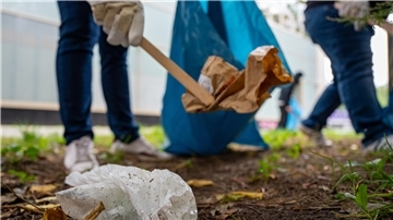 Freiwillige sammelt im Rahmen der Aufräum-Aktion zum World Cleanup Day Müll von der Straße und in den Grünanlagen.