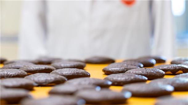 Lebkuchen-Hersteller im Backstress - bald startet Verkauf Frisch gebackene Lebkuchen laufen auf einem Band in der Produktion des Lebkuchenherstellers Schmidt.