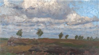 Fritz Overbecks Gemälde "Wolken im Moor". Hier türmt sich eine bedrohliche Wolkendecke über der menschenleeren Landschaft. Zu sehen in der Ausstellung „Wolkenschau“ in Bremen.