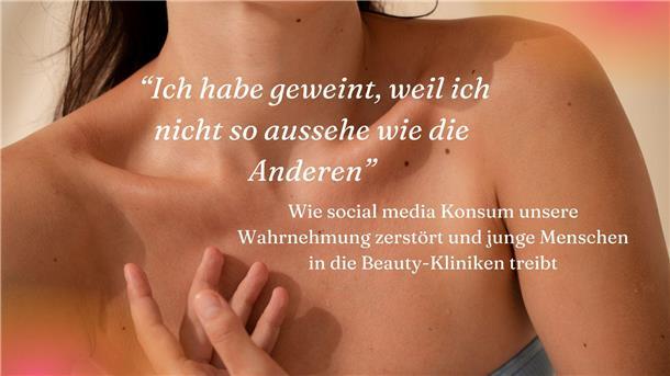 Wenn Social Media auf die Psyche schlägt Eine Frau mit nacktem Dekolleté, darüber ein Zitat: „Ich habe geweint, weil ich nicht so aussehe wie die anderen“.