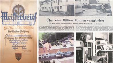 Fundstücke aus dem zurückliegenden Jahrhundert (von links im Uhrzeigersinn): der Meisterbrief von Heinrich Griemsmann, ein 52 Jahre alter Artikel aus der NZ, eine alte Schwarzweiß-Aufnahme aus der ehemaligen Mühle und das nun abgerissene Gebäude aus der Vogelperspektive.