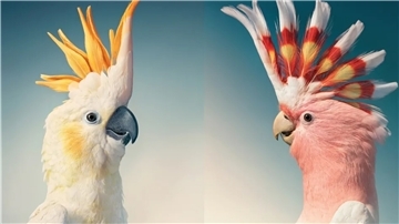 Gelbwangenkakadu und Inka-Kakadu blicken sich auf einer Doppelseite des Fotobandes "Vögel" von Tim Flach an.