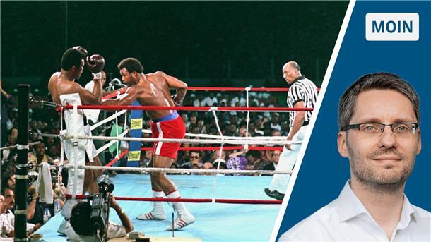 „Rumble in the Jungle“ in Zaire anno 1974: George Foreman (Mitte, rote Hose), landet einen Körpertreffer gegen Muhammad Ali (l.).