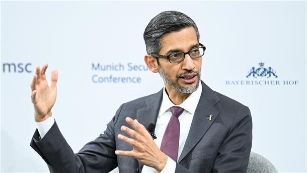 Google-Chef Sundar Pichai nimmt an der Münchner Sicherheitskonferenz teil. Tech-Giganten haben ein Abkommen gegen Wahlmanipulationen durch Künstliche Intelligenz geschlossen.
