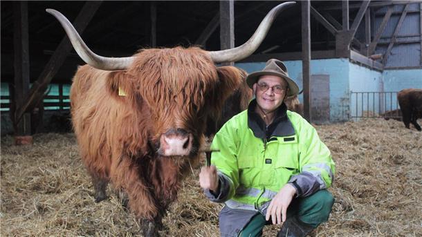Wenn die Liebe zu Highland-Rindern im flachen Norden entflammt Ein Rind steht neben einem Mann.
