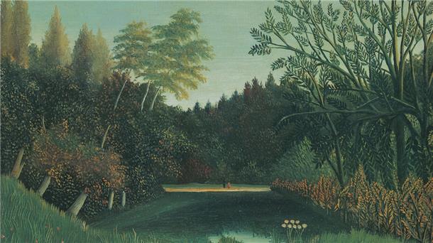 Henri Rousseau erschuf Traumwelten: Landschaften, die in den unterschiedlichsten Grüntönen schimmern, in denen die Menschen wie die beiden kleinen Figuren am See zu einem Nichts schrumpfen.