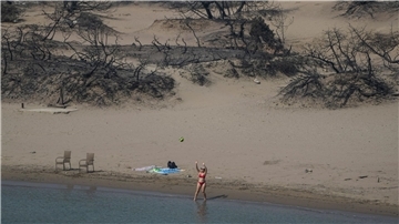 Hinten die verbrannte Vegetation, vorn das Mittelmeer. Ein Strand bei Gennadi auf Rhodos.