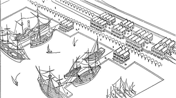 Ideenskizze für die Entwicklung des Alten Hafens: Die Architekten Werner Grannemann und Rolf Mielke entwarfen für Stadtrat Werner Lenz, wie der Schiffsmodellhafen aussehen könnte. An den Anlegern: in Mitte unten die „Santa Maria" von Christoph Columbus, weiter oben die Hansekogge. (Archiv der Nordsee-Zeitung. 12.8.1988)