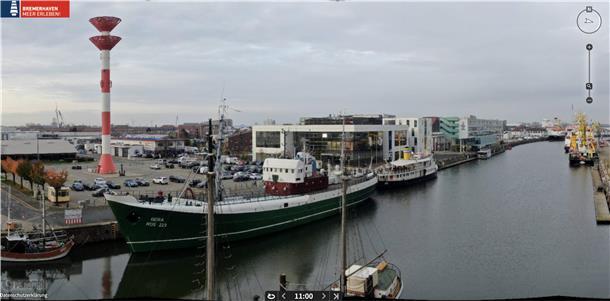 Im Fischereihafen sind mehrere Standorte für die Super-Webcam denkbar. Das wäre der Blick ins Hafenbecken bei einer Installation auf dem nördlichen Lichtmast auf dem "Schaufenster"-Platz...