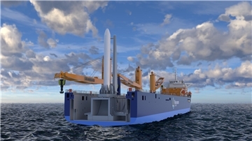 Schiff mit aufrechter Rakete an Bord.