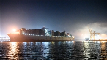 Das Containerschiff "Cosco Pride" dreht auf der Elbe vor dem Anlegemanöver am Container-Terminal Tollerort im Morgennebel. 