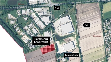 Eine Karte von einem Gewerbegebiet. Es zeigt den "Gewerbehoof Flathmann", den Fernsehturm Odin und die K58.