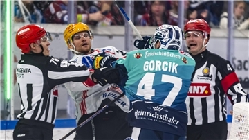 Zwei Eishockeyspieler rangeln