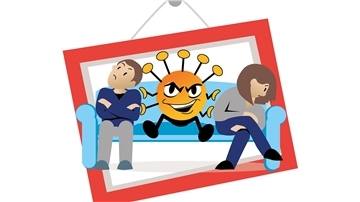 Ein wütendes Paar sitzt auf dem Sofa, das Corona-Virus dazwischen.
