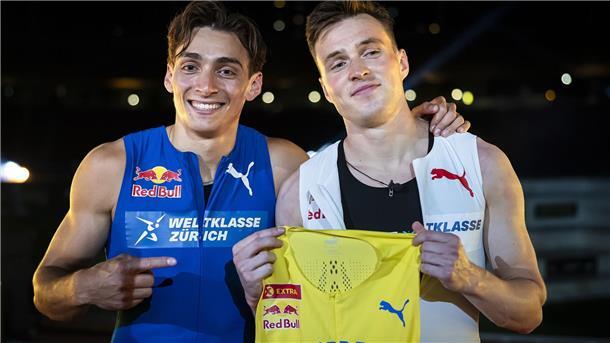 Kein Start im Schweden-Trikot: Warholm sagt verletzt ab In dem Show-Rennen über 100 Meter gewann Duplantis (l) am Mittwoch klar gegen Warholm.