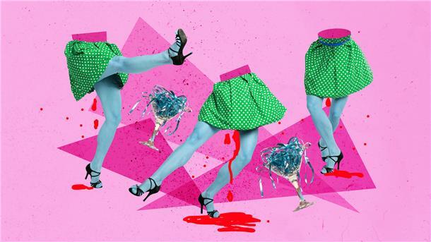  Surreale Collage auf pinkem Hintergrund mit drei kopflosen, blauhäutigen Frauenbeinen in grünen, gepunkteten Röcken und High Heels. Aus den Unterkörpern tropft rotes Blut. Zwischen ihnen stehen umgekippte Cocktailgläser gefüllt mit blauen Bändern. Der Stil ist pop-art-artig und provokativ.