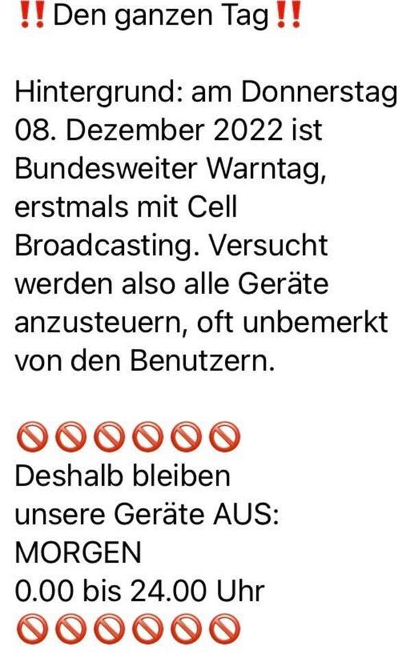 So läuft der Warntag in der Region In der Telegramgruppe „Bremerhaven demonstriert“ wird dazu aufgerufen, das Handy während des Warntages ausgeschaltet zu lassen.