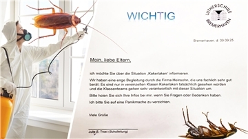 Schule schickt Brief an Eltern: So geht’s nach Kakerlakenbefall weiter In einem Elternbrief informierte die Schulleitung der Lutherschule über den Kakerlaken-Befall und bat darum, auf Panikmache zu verzichten.