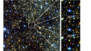 Infrarotbilder eines etwa 30.000 Lichtjahre entfernten roten Riesensterns in der Nähe des Zentrums unserer Milchstraßengalaxie, der im Laufe mehrerer Jahre verblasste und wieder auftauchte.
