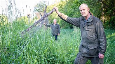Jagdpächter Jürgen Sibberns (vorne) und Stadtjägermeister Holger Bartels fürchten, dass es dann zu schweren Wildunfällen kommt, wenn der Wildzaun am Hafentunnel nicht wieder aufgebaut wird.