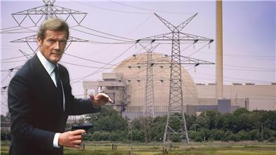 Wie Geheimagent James Bond eine Kernschmelze in der Wesermarsch verhinderte Auf einer Fotomontage steht Roger Moore als Geheimagent James Bond vor dem Kernkraftwerk Unterweser.