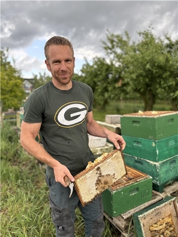 Ein Mann zeigt eine Wabe auf der Bienen sind.