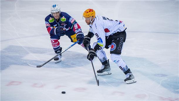 Zwei Eishockey-Spieler im Zweikampf.