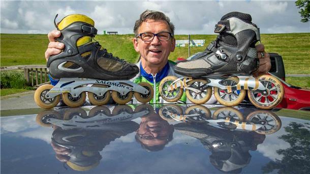 Der Inline-Pionier aus Bremerhaven Joachim Haack und seine Inline Skates am Weserdeich beim Imsumer Ochsenturm.