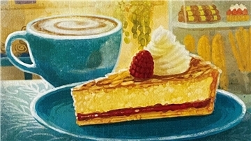 Cover des Spiels „Fika" mit einem Stück Torte und einer Kaffeetasse.