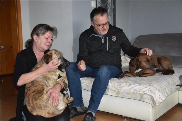 Das Foto zeigt Kerstin und Andreas Flieger mit ihren beiden Hunden. 