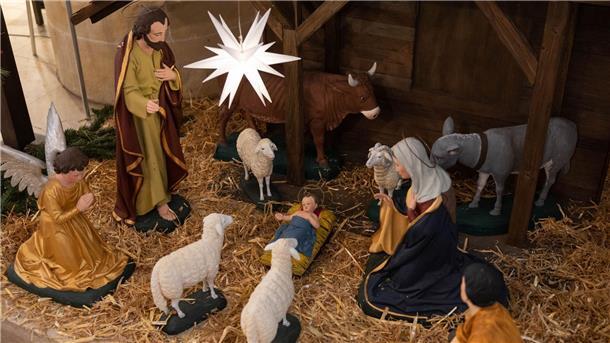 Esel, Engel, Tannenbaum: ein Weihnachts-ABC Krippe mit dem Jesuskind mit Ochs, Esel und Schafen.