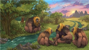 Künstlerische Darstellung einer Gruppe von Gigantopithecus blacki in einem Wald.