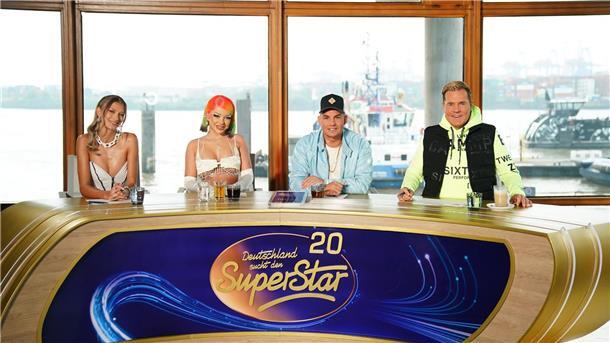 Mehr als 23 Hingucker fürs Fernsehjahr 2023 Leony (l-r), Katja Krasavice, Pietro Lombardi und Dieter Bohlen, Jury-Mitglieder der Castingshow „Deutschland sucht den Superstar“.