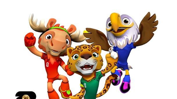Maple der Elch (l), Zayu der Jaguar (M) und Clutch der Weißkopfseeadler (l) sind die Maskottchen der Fußball-WM 2026.