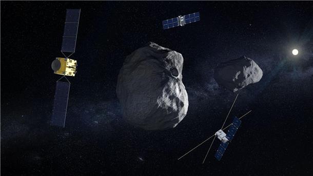 Mission zur Planetenverteidigung: „Hera“ startet zu Asteroid Mission „Hera“ mit Raumsonde (l) und begleitenden CubeSats (oben Milani und unten Juventas) am Doppel-Asteroiden Dimorphos/Didymos.